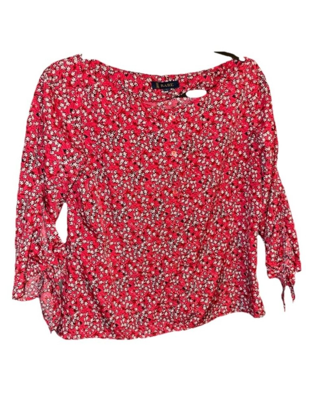 Rare Floral Boho Peasant Blouse Size MEDIUM 3/4 Quarter Sleeve Top Red White